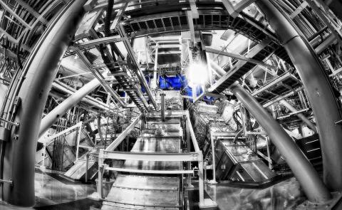 Light lines entering the chamber (coloured blue) of the National Ignition Facility (NIF) at Lawrence Livermore National Laboratory. LLNL-NIF/Damien Jemison 