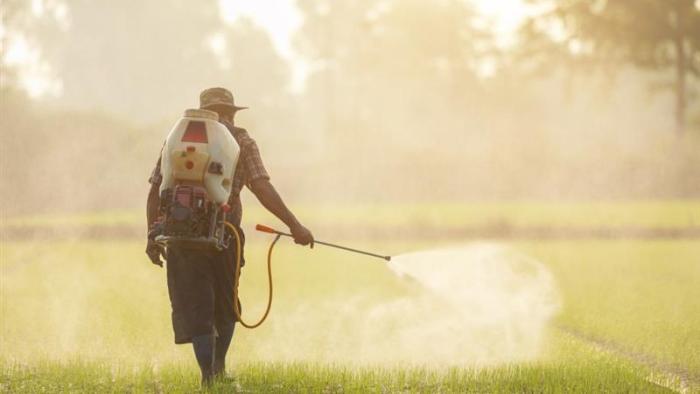 Hombre echando pesticidas
